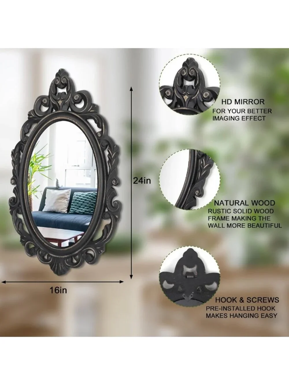 Vintage Black Oval Wooden Frame Wall Mirror - Baroque Style Decorative Antique